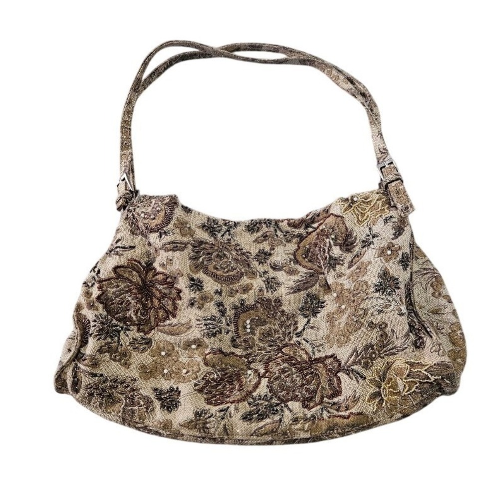 Vintage Floral Tapestry Beaded Shoulder Bag Brown Boho Hobo Handbag
